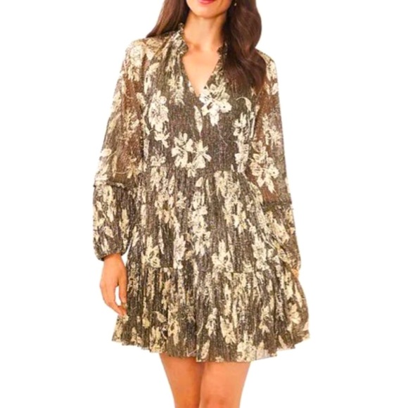 NEW Vince Camuto Lurex Floral Print Tiered Shift Dress Black & Gold Size XL - Picture 4 of 15